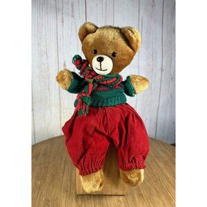 Vintage Musical Wind Up Christmas Teddy Bear Plays Jingle Bells 11” Velvet pants